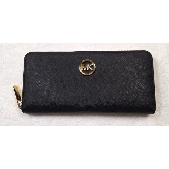 MICHAEL KORS Long Wallet MK Metal Logo Round Zip Black Plain Women's 4"x7" - Picture 1 of 10